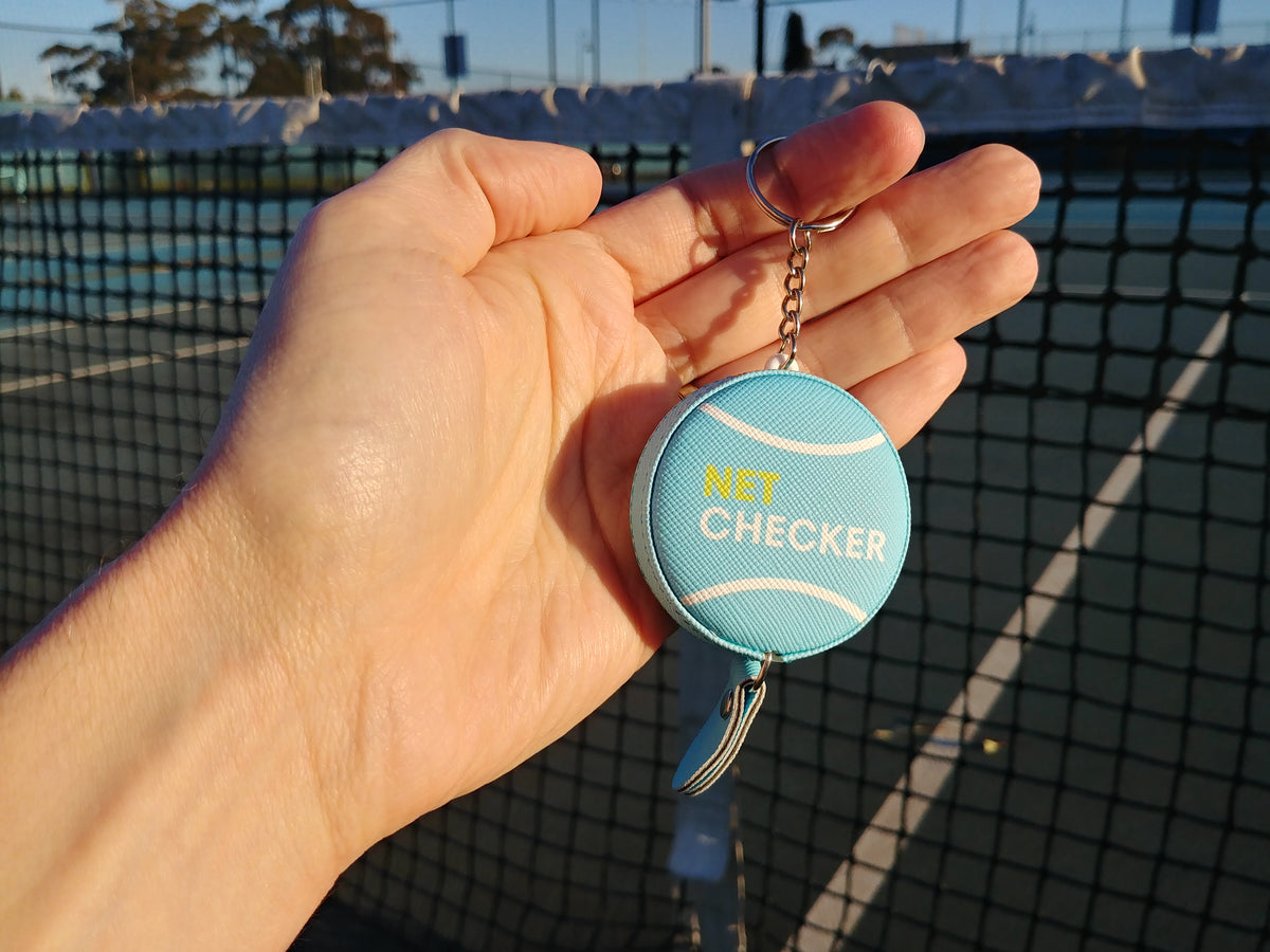 Net Checker Tennis Net Height measuring tape and keyring. Scoring Right
